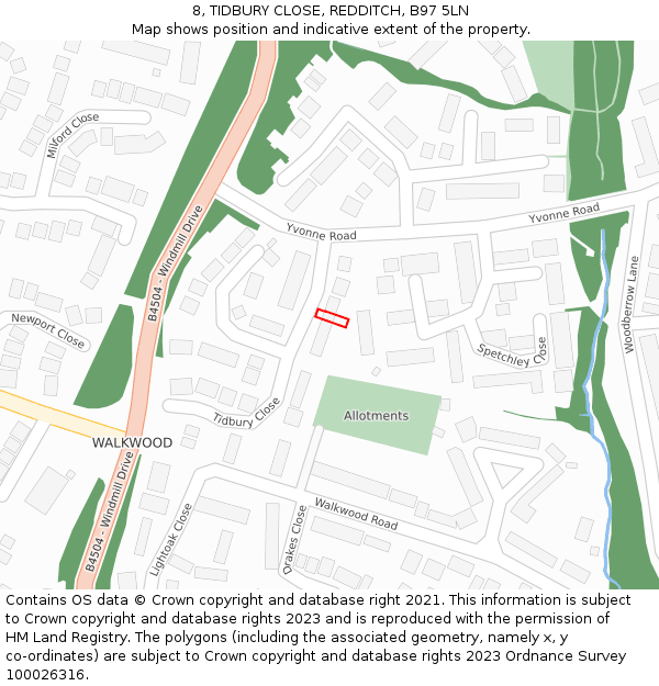 8, TIDBURY CLOSE, REDDITCH, B97 5LN: Location map and indicative extent of plot