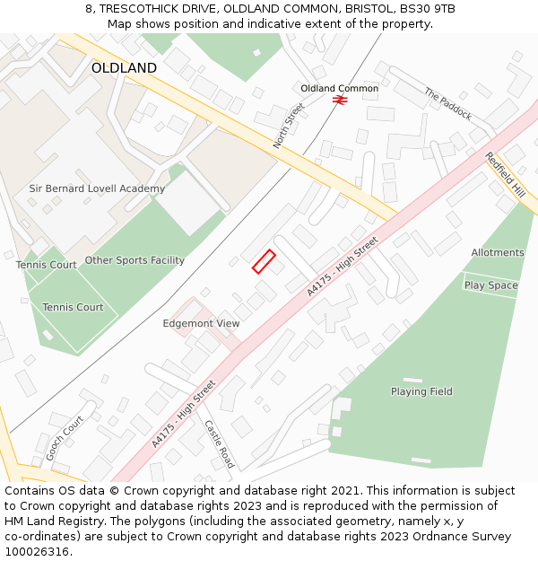 8, TRESCOTHICK DRIVE, OLDLAND COMMON, BRISTOL, BS30 9TB: Location map and indicative extent of plot