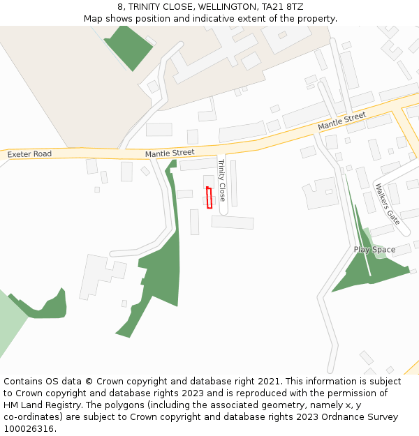 8, TRINITY CLOSE, WELLINGTON, TA21 8TZ: Location map and indicative extent of plot