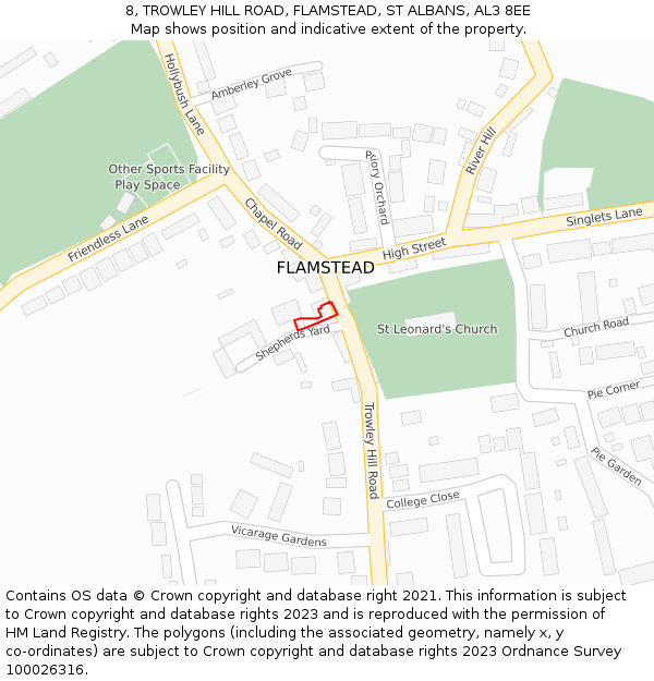 8, TROWLEY HILL ROAD, FLAMSTEAD, ST ALBANS, AL3 8EE: Location map and indicative extent of plot