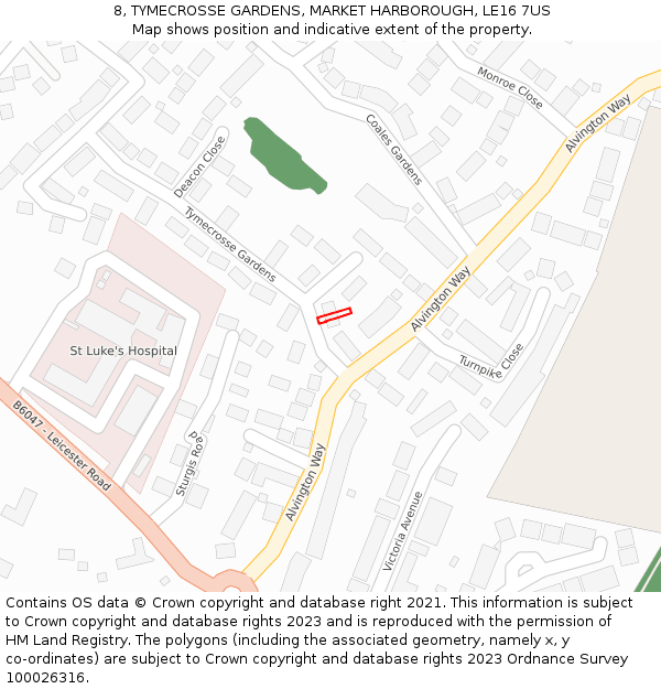 8, TYMECROSSE GARDENS, MARKET HARBOROUGH, LE16 7US: Location map and indicative extent of plot