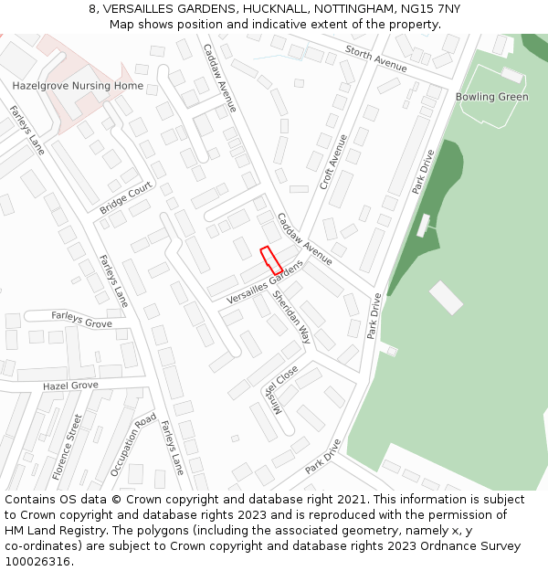 8, VERSAILLES GARDENS, HUCKNALL, NOTTINGHAM, NG15 7NY: Location map and indicative extent of plot