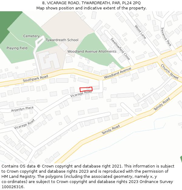 8, VICARAGE ROAD, TYWARDREATH, PAR, PL24 2PQ: Location map and indicative extent of plot
