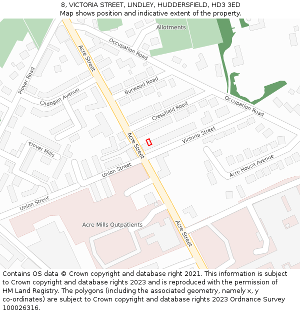 8, VICTORIA STREET, LINDLEY, HUDDERSFIELD, HD3 3ED: Location map and indicative extent of plot