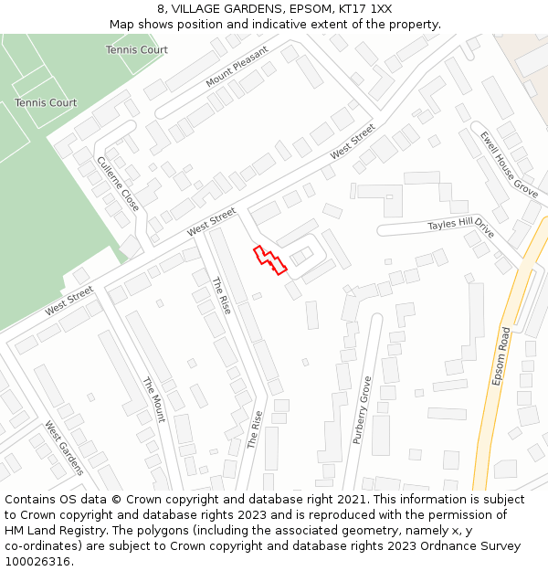 8, VILLAGE GARDENS, EPSOM, KT17 1XX: Location map and indicative extent of plot