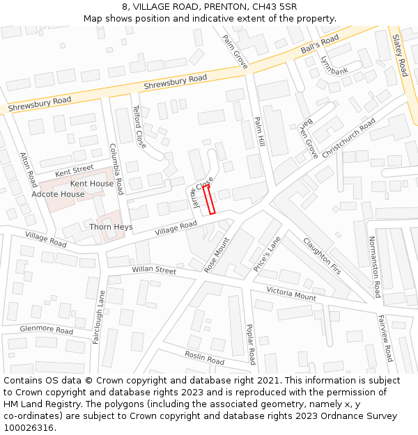 8, VILLAGE ROAD, PRENTON, CH43 5SR: Location map and indicative extent of plot