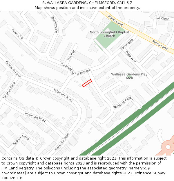 8, WALLASEA GARDENS, CHELMSFORD, CM1 6JZ: Location map and indicative extent of plot