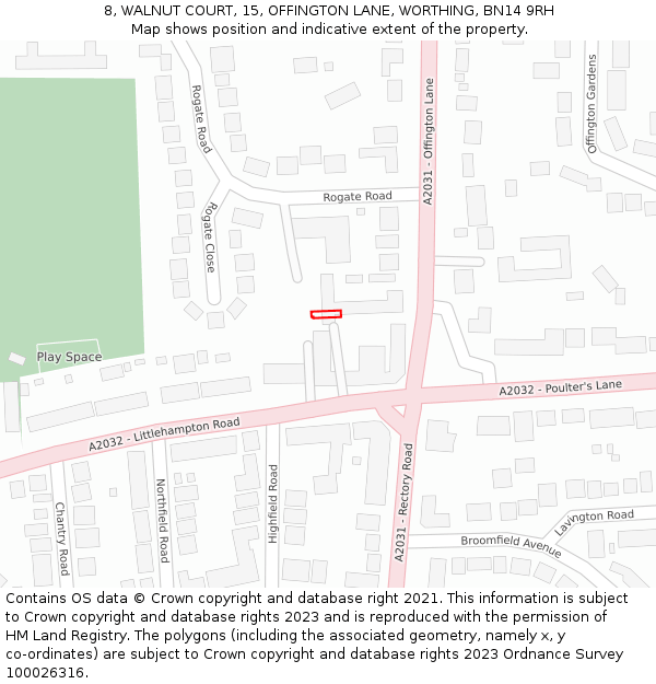 8, WALNUT COURT, 15, OFFINGTON LANE, WORTHING, BN14 9RH: Location map and indicative extent of plot