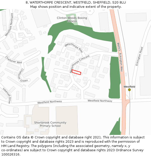 8, WATERTHORPE CRESCENT, WESTFIELD, SHEFFIELD, S20 8LU: Location map and indicative extent of plot
