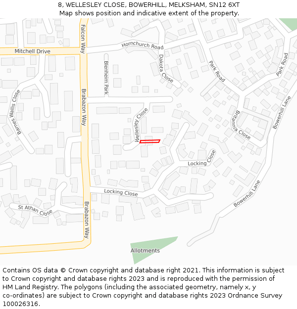 8, WELLESLEY CLOSE, BOWERHILL, MELKSHAM, SN12 6XT: Location map and indicative extent of plot