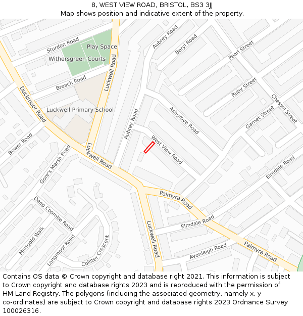 8, WEST VIEW ROAD, BRISTOL, BS3 3JJ: Location map and indicative extent of plot
