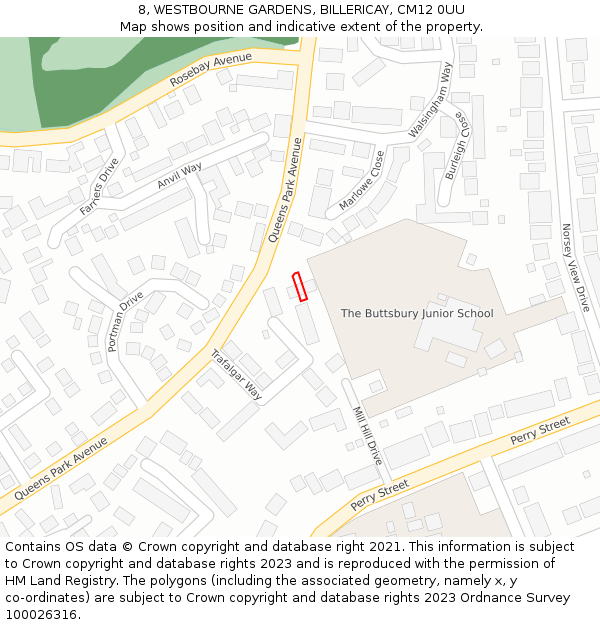 8, WESTBOURNE GARDENS, BILLERICAY, CM12 0UU: Location map and indicative extent of plot