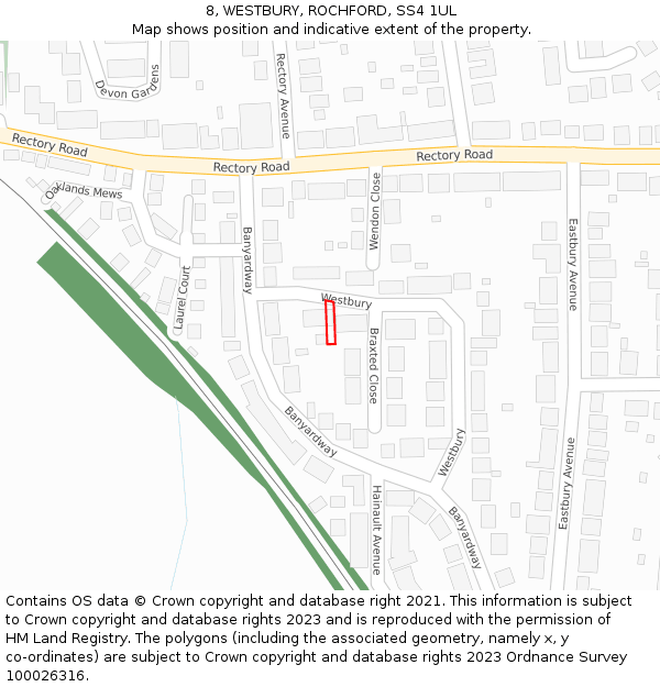 8, WESTBURY, ROCHFORD, SS4 1UL: Location map and indicative extent of plot