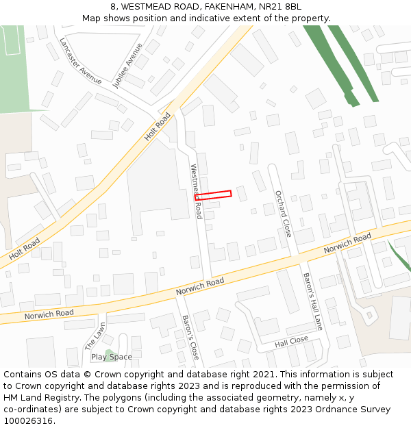 8, WESTMEAD ROAD, FAKENHAM, NR21 8BL: Location map and indicative extent of plot