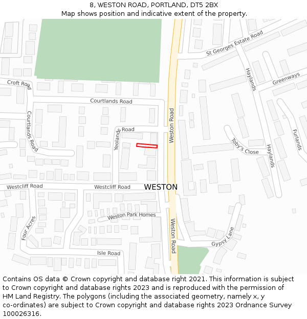 8, WESTON ROAD, PORTLAND, DT5 2BX: Location map and indicative extent of plot