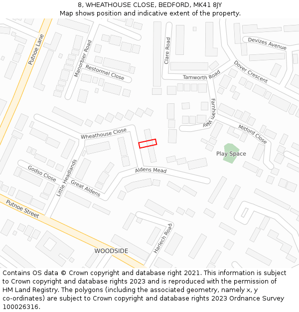 8, WHEATHOUSE CLOSE, BEDFORD, MK41 8JY: Location map and indicative extent of plot