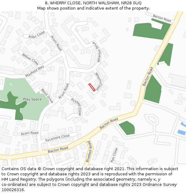 8, WHERRY CLOSE, NORTH WALSHAM, NR28 0UQ: Location map and indicative extent of plot