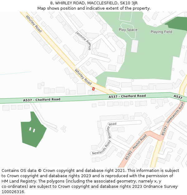 8, WHIRLEY ROAD, MACCLESFIELD, SK10 3JR: Location map and indicative extent of plot