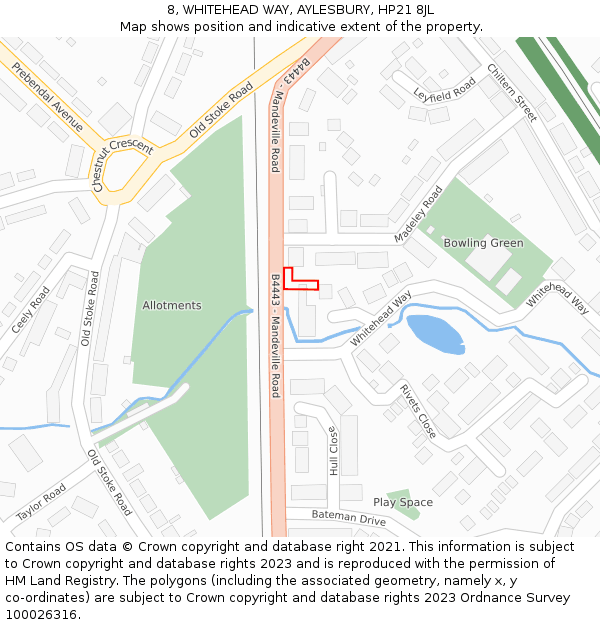 8, WHITEHEAD WAY, AYLESBURY, HP21 8JL: Location map and indicative extent of plot
