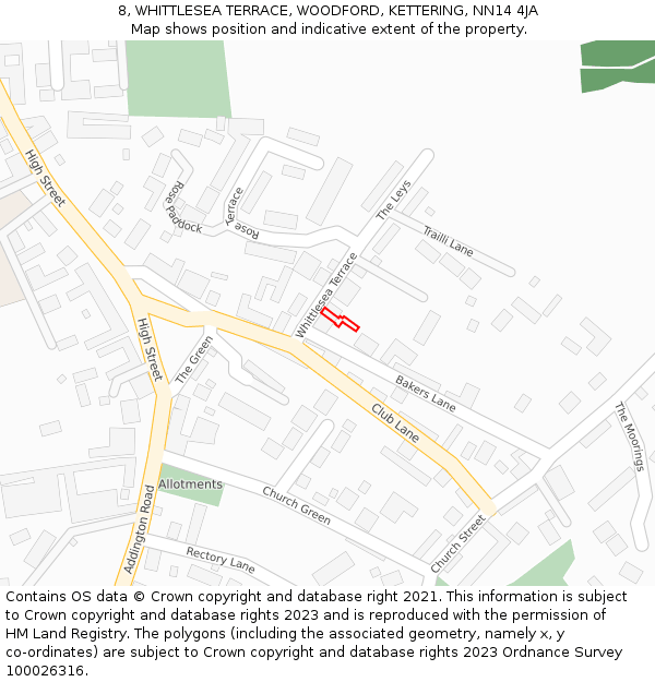 8, WHITTLESEA TERRACE, WOODFORD, KETTERING, NN14 4JA: Location map and indicative extent of plot