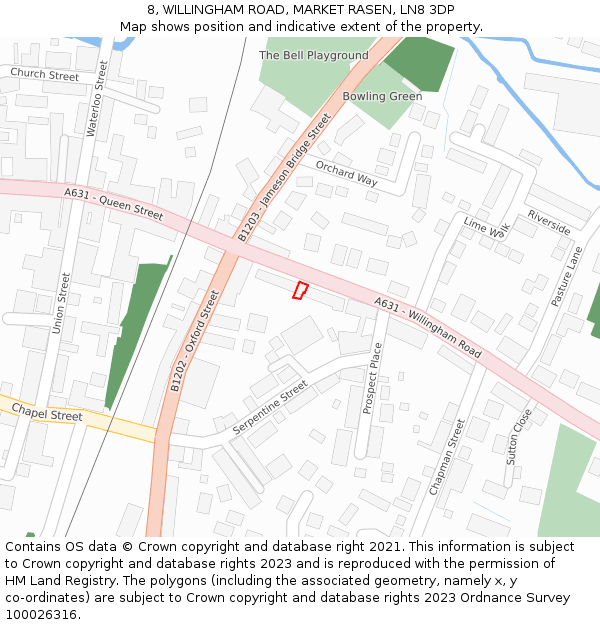 8, WILLINGHAM ROAD, MARKET RASEN, LN8 3DP: Location map and indicative extent of plot