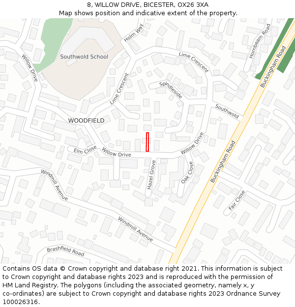 8, WILLOW DRIVE, BICESTER, OX26 3XA: Location map and indicative extent of plot