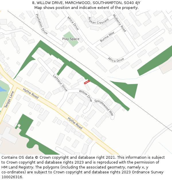 8, WILLOW DRIVE, MARCHWOOD, SOUTHAMPTON, SO40 4JY: Location map and indicative extent of plot