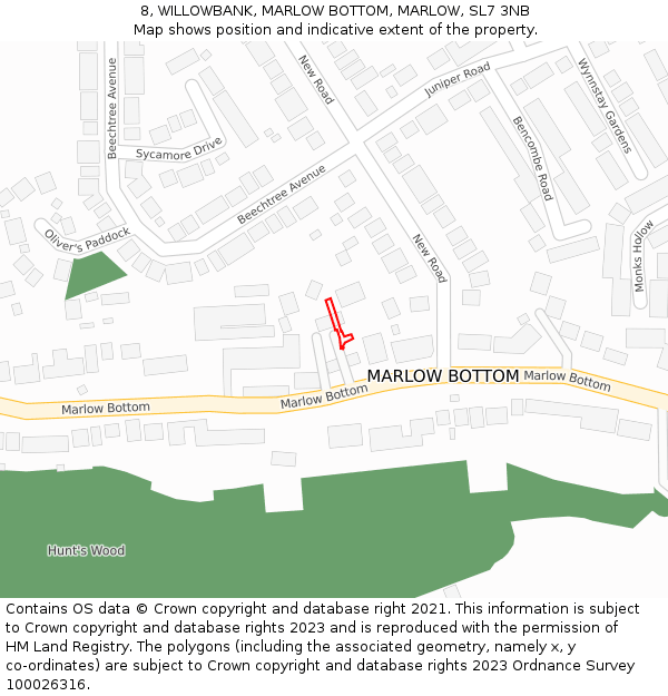 8, WILLOWBANK, MARLOW BOTTOM, MARLOW, SL7 3NB: Location map and indicative extent of plot