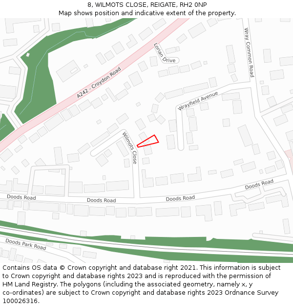 8, WILMOTS CLOSE, REIGATE, RH2 0NP: Location map and indicative extent of plot