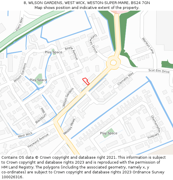 8, WILSON GARDENS, WEST WICK, WESTON-SUPER-MARE, BS24 7GN: Location map and indicative extent of plot