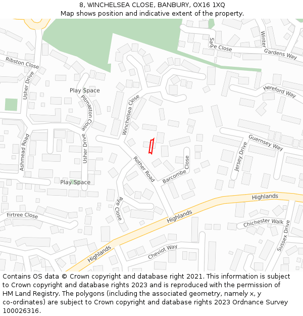 8, WINCHELSEA CLOSE, BANBURY, OX16 1XQ: Location map and indicative extent of plot