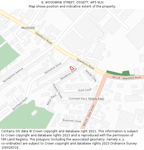 8, WOODBINE STREET, OSSETT, WF5 9LN: Location map and indicative extent of plot