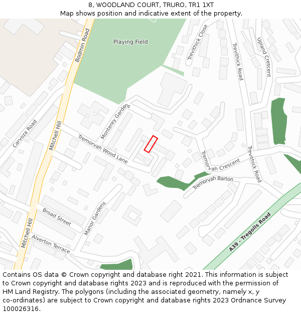 8, WOODLAND COURT, TRURO, TR1 1XT: Location map and indicative extent of plot