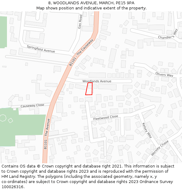 8, WOODLANDS AVENUE, MARCH, PE15 9PA: Location map and indicative extent of plot