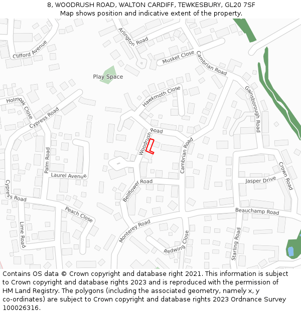 8, WOODRUSH ROAD, WALTON CARDIFF, TEWKESBURY, GL20 7SF: Location map and indicative extent of plot