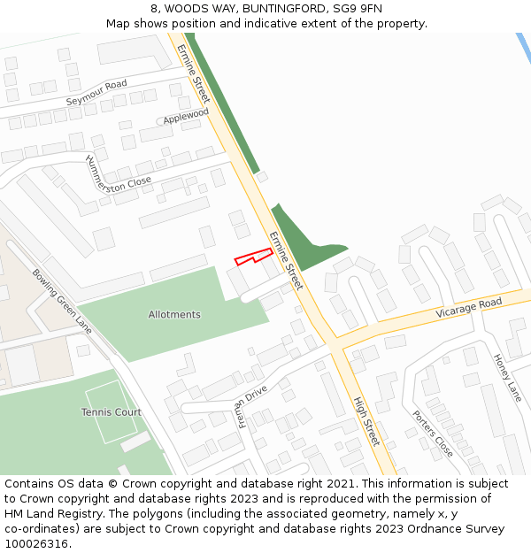 8, WOODS WAY, BUNTINGFORD, SG9 9FN: Location map and indicative extent of plot
