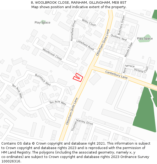 8, WOOLBROOK CLOSE, RAINHAM, GILLINGHAM, ME8 8ST: Location map and indicative extent of plot