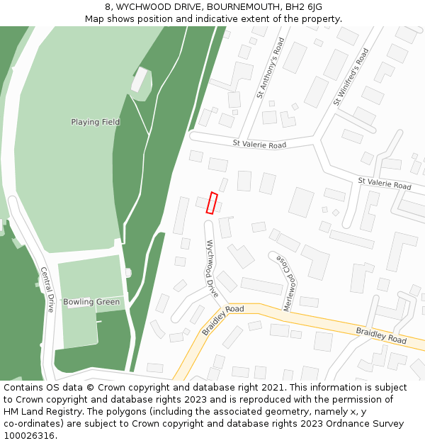 8, WYCHWOOD DRIVE, BOURNEMOUTH, BH2 6JG: Location map and indicative extent of plot