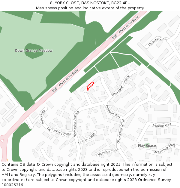 8, YORK CLOSE, BASINGSTOKE, RG22 4PU: Location map and indicative extent of plot