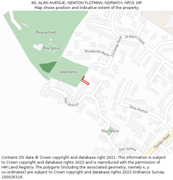 80, ALAN AVENUE, NEWTON FLOTMAN, NORWICH, NR15 1RF: Location map and indicative extent of plot