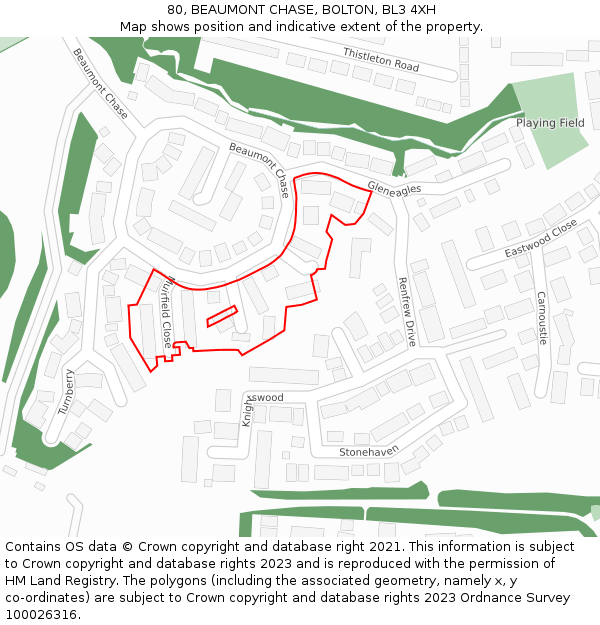 80, BEAUMONT CHASE, BOLTON, BL3 4XH: Location map and indicative extent of plot