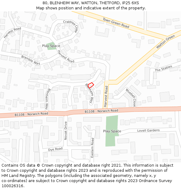 80, BLENHEIM WAY, WATTON, THETFORD, IP25 6XS: Location map and indicative extent of plot