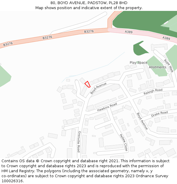 80, BOYD AVENUE, PADSTOW, PL28 8HD: Location map and indicative extent of plot