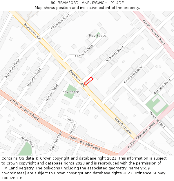 80, BRAMFORD LANE, IPSWICH, IP1 4DE: Location map and indicative extent of plot