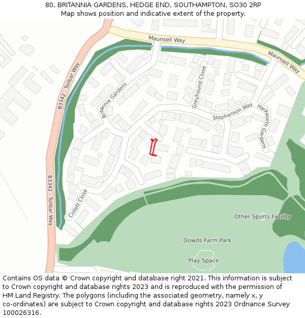 80, BRITANNIA GARDENS, HEDGE END, SOUTHAMPTON, SO30 2RP: Location map and indicative extent of plot