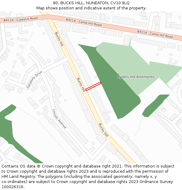 80, BUCKS HILL, NUNEATON, CV10 9LQ: Location map and indicative extent of plot