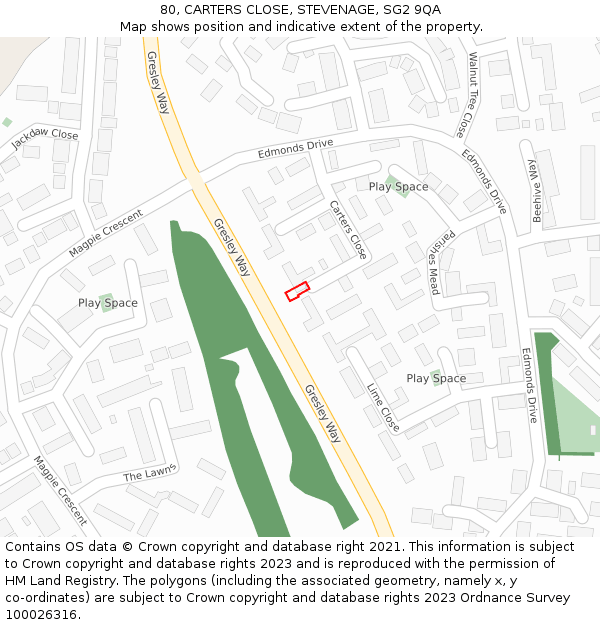 80, CARTERS CLOSE, STEVENAGE, SG2 9QA: Location map and indicative extent of plot