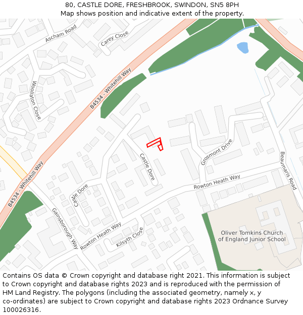 80, CASTLE DORE, FRESHBROOK, SWINDON, SN5 8PH: Location map and indicative extent of plot