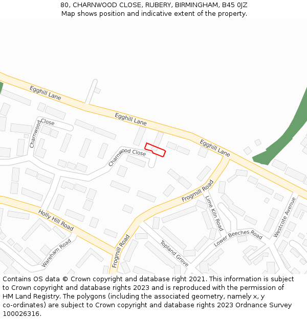 80, CHARNWOOD CLOSE, RUBERY, BIRMINGHAM, B45 0JZ: Location map and indicative extent of plot
