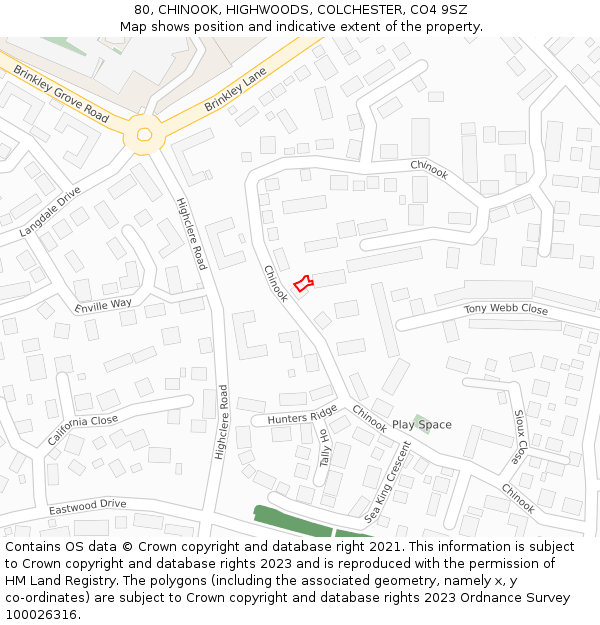 80, CHINOOK, HIGHWOODS, COLCHESTER, CO4 9SZ: Location map and indicative extent of plot